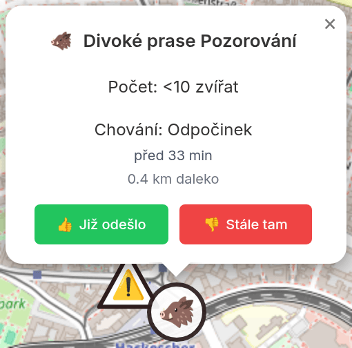 Vyskakovací okno s detaily pozorování