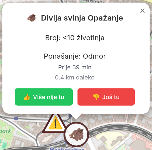 Skočni prozor s detaljima opažanja