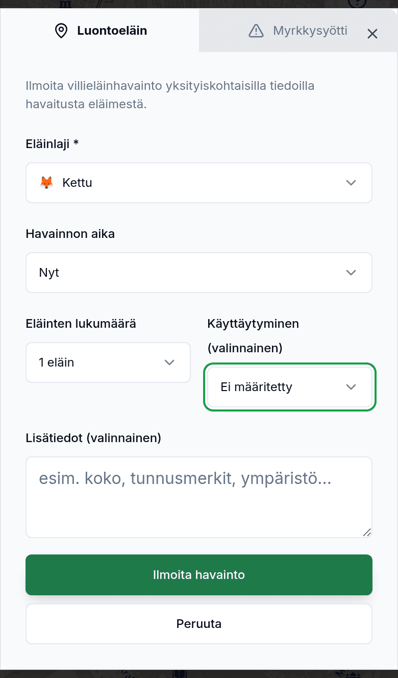 Ilmoita havainnosta eläinlajin ja suunnan kanssa