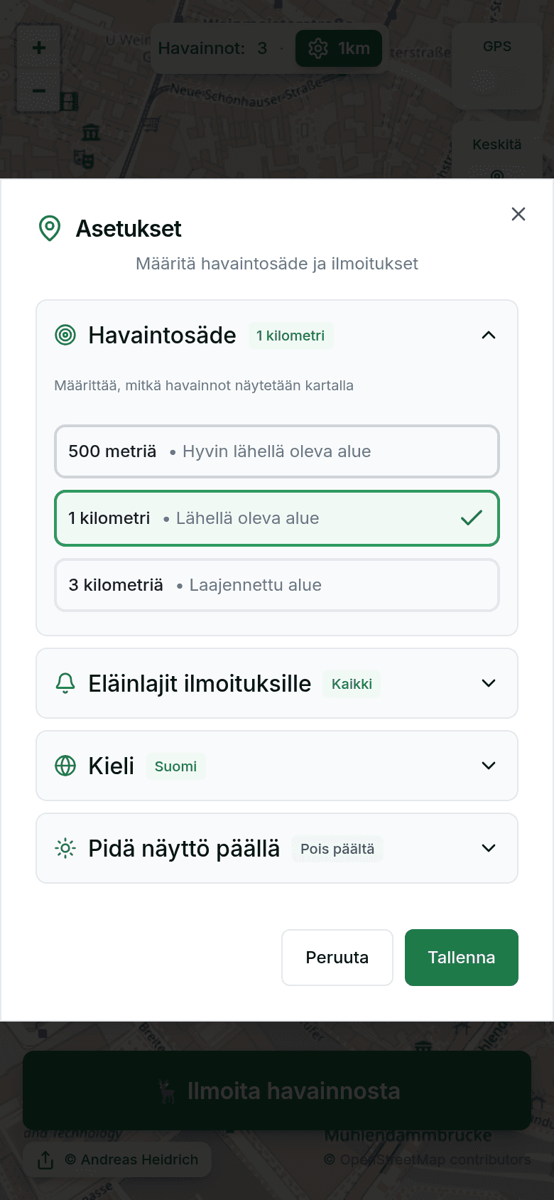 Asetukset havaintosäteellä ja ilmoituksilla