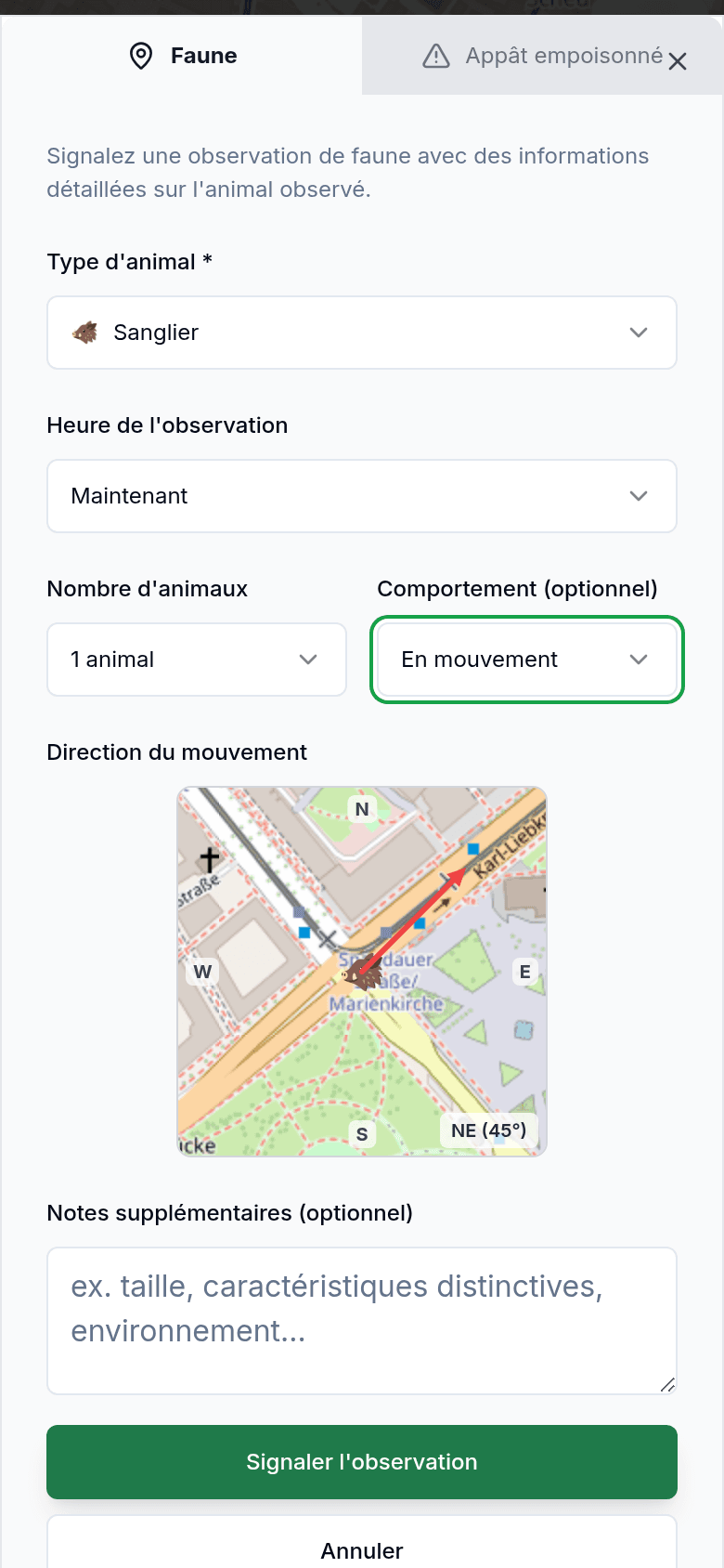 Signaler une observation avec type d'animal et direction