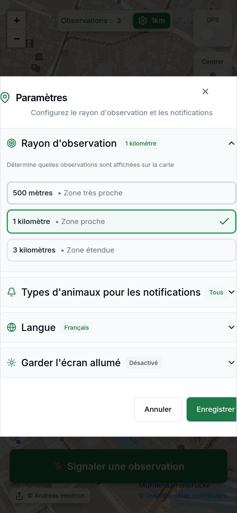 Paramètres avec rayon d'observation et notifications