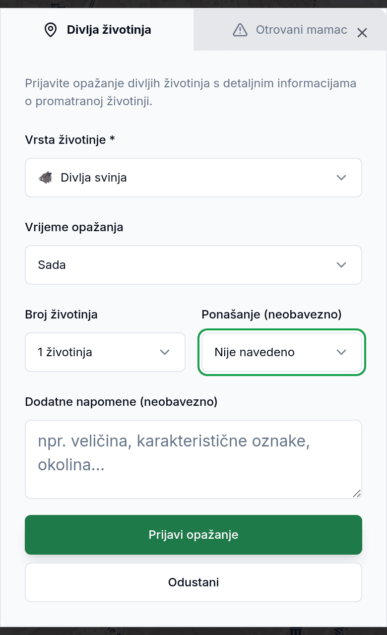 Prijava uočavanja s vrstom životinje i smjerom