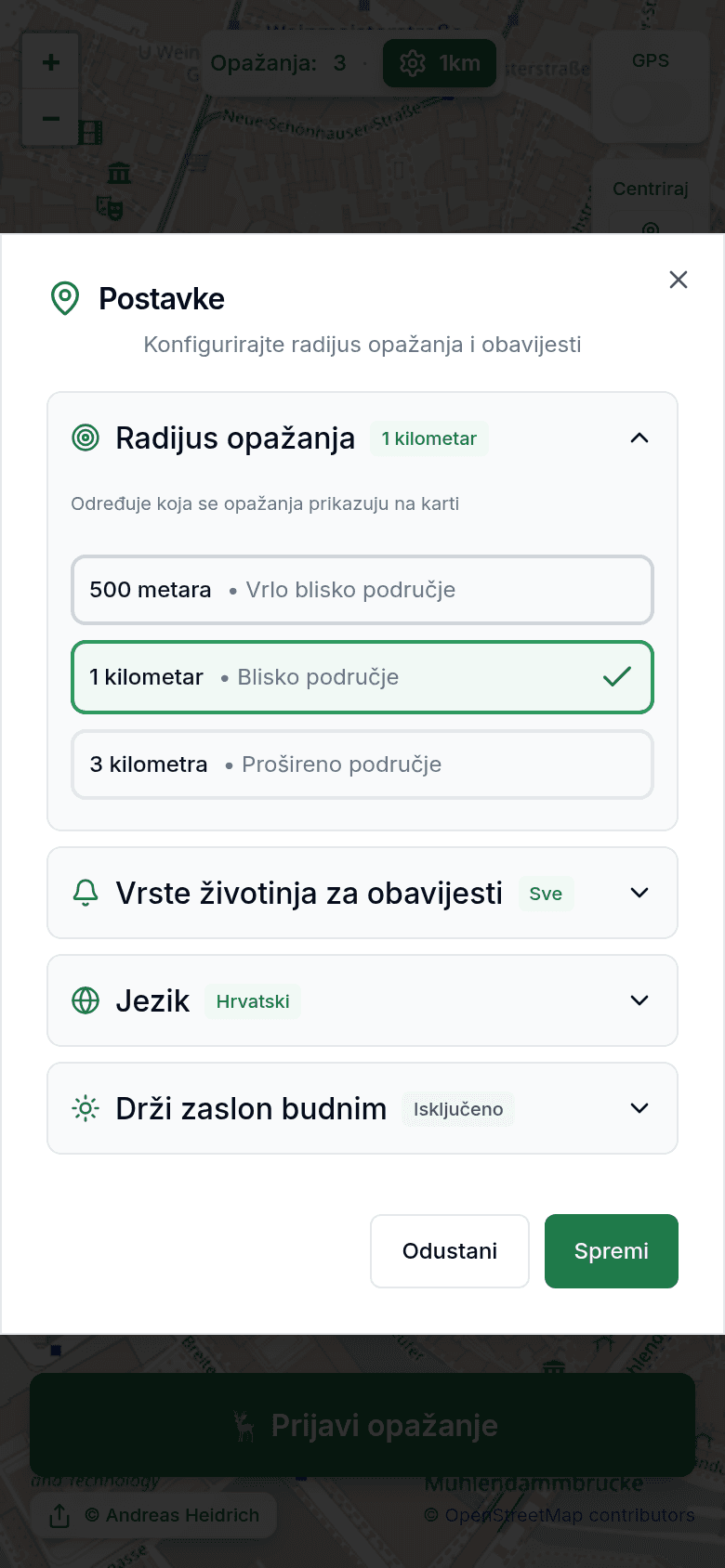 Postavke s radijusom uočavanja i obavijestima