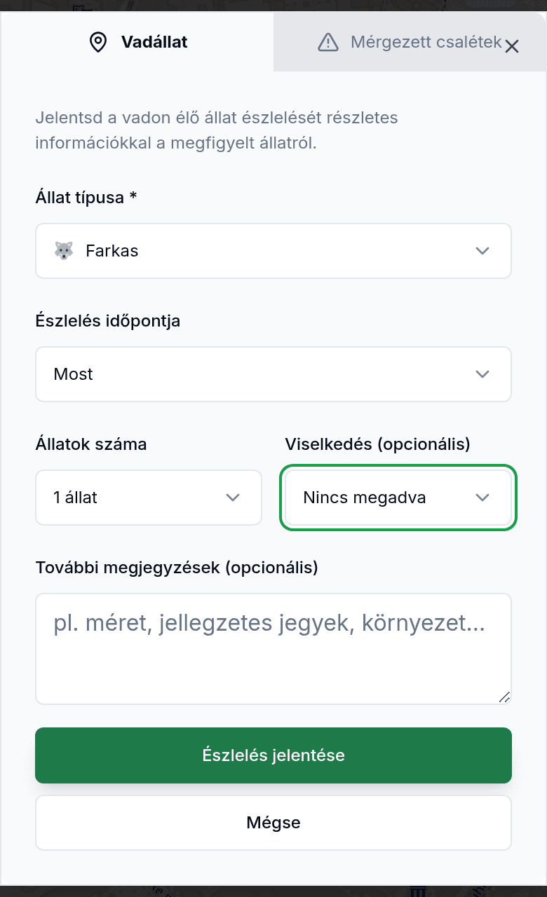 Észlelés bejelentése állatfajjal és iránnyal