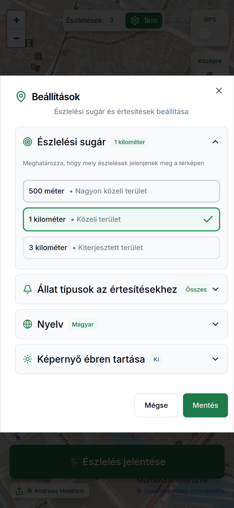 Beállítások észlelési sugárral és értesítésekkel