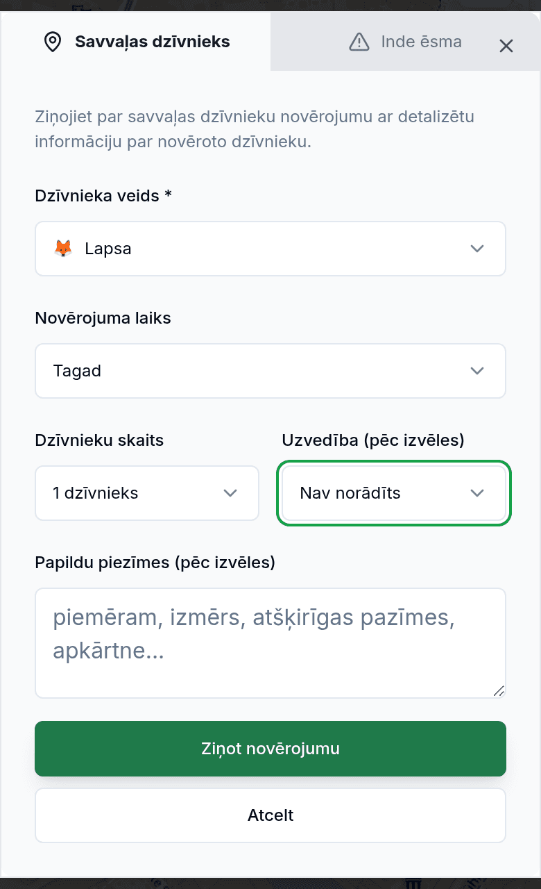 Ziņot par novērojumu ar dzīvnieka sugu un virzienu