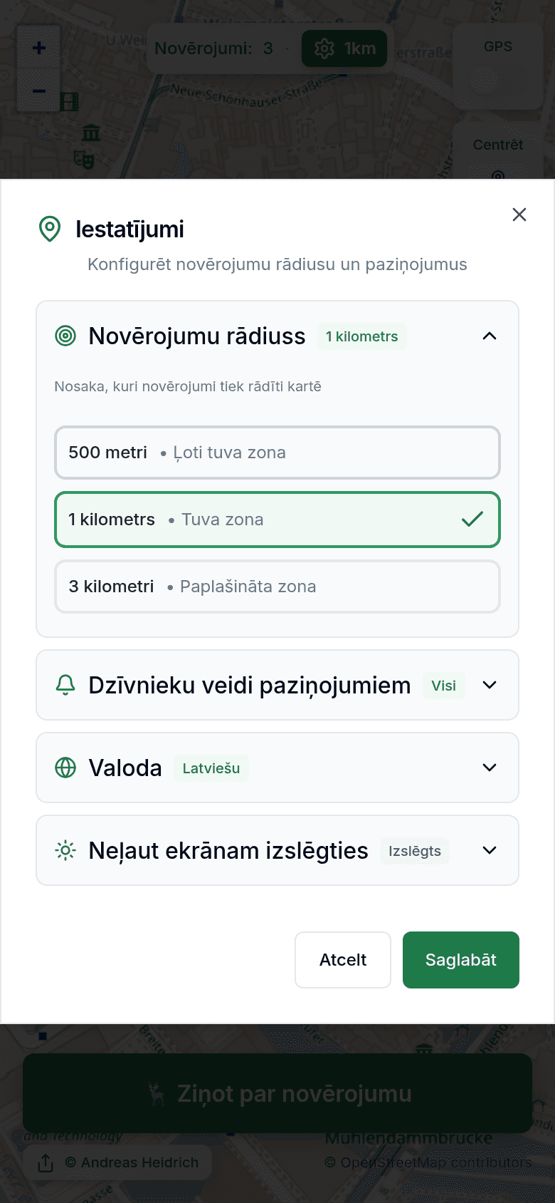 Iestatījumi ar novērojumu rādiusu un paziņojumiem