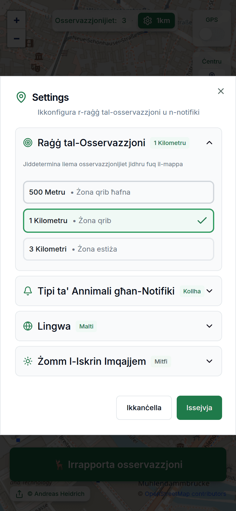 Settings bir-raġġ tal-osservazzjoni u notifiki