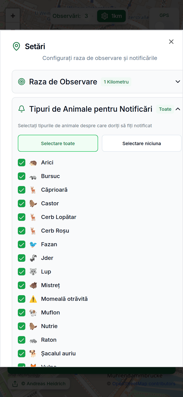 Setări cu raza de observare și notificări