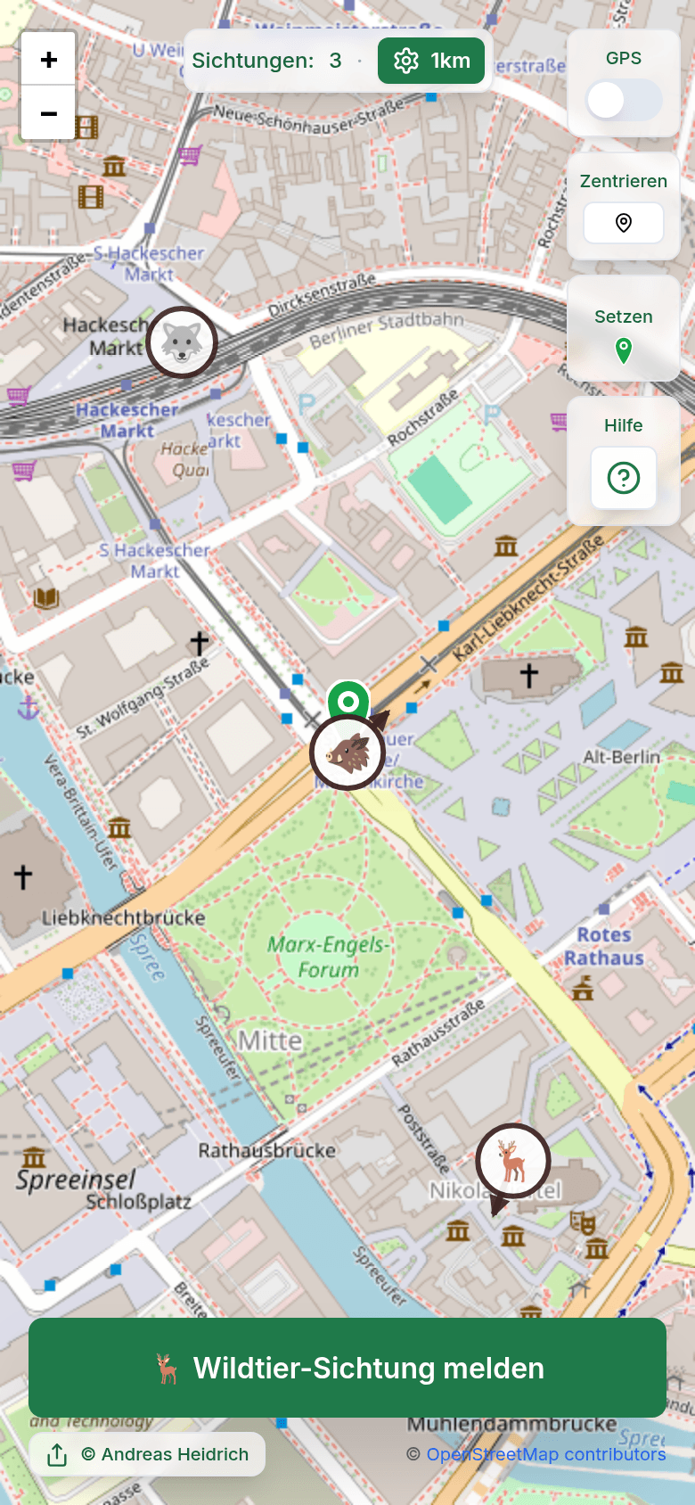 Wildtier-Sichtungen Karte mit Echtzeit-Meldungen