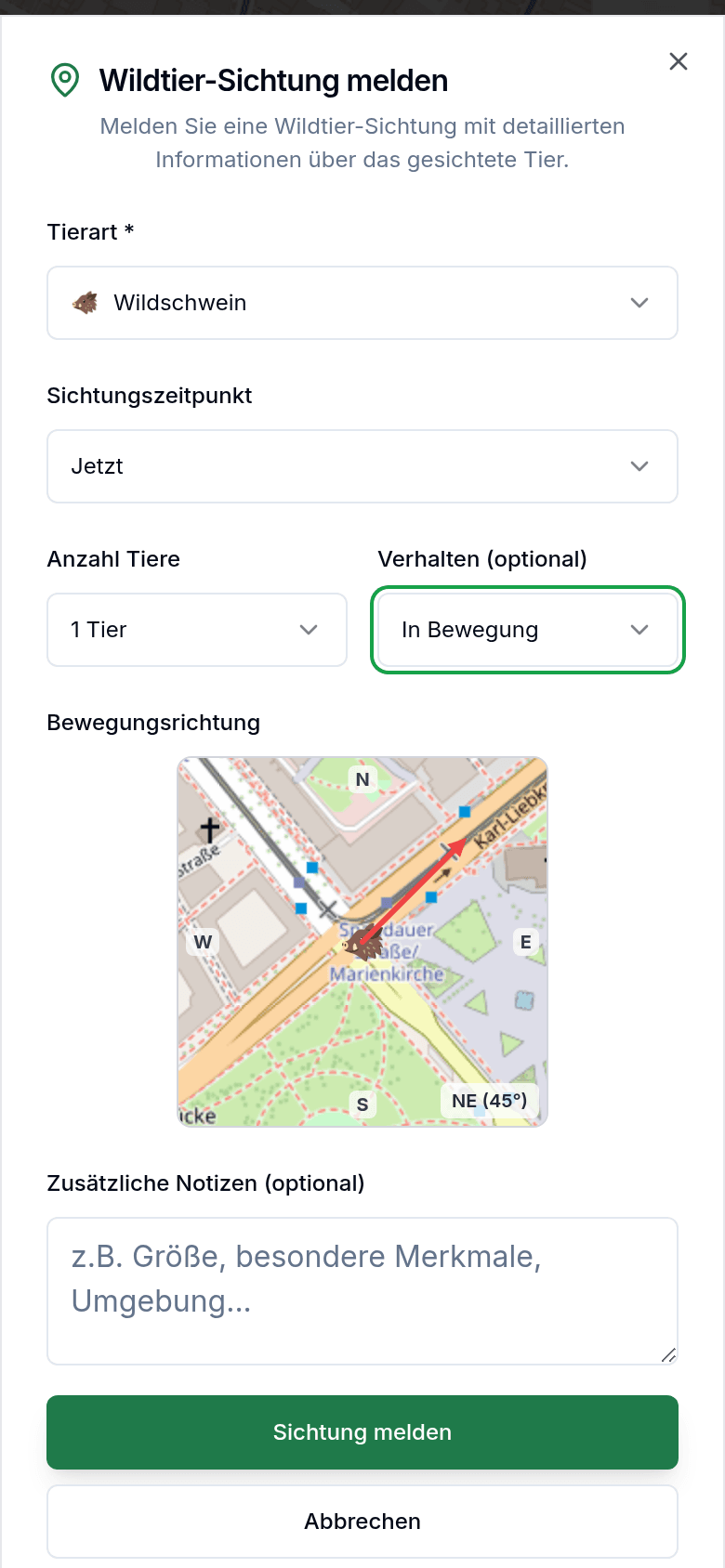 Sichtung melden mit Tierart und Richtung