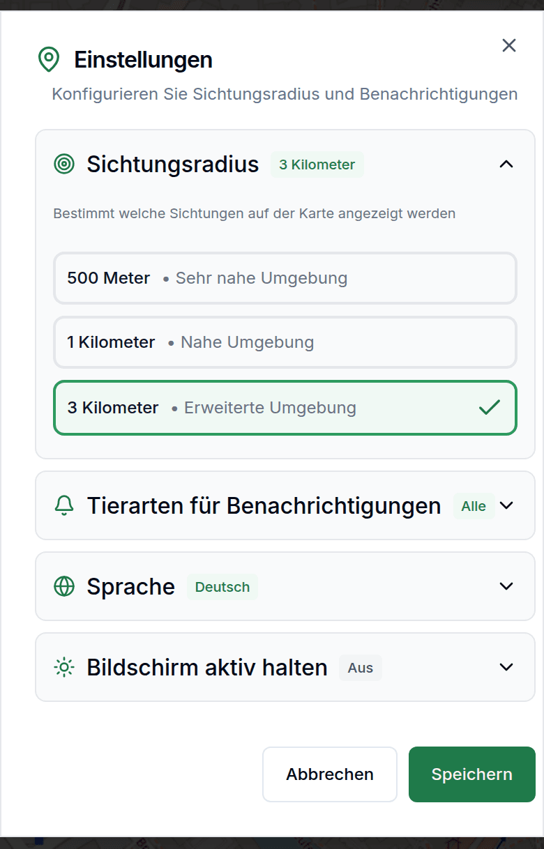 Einstellungen mit Sichtungsradius und Benachrichtigungen