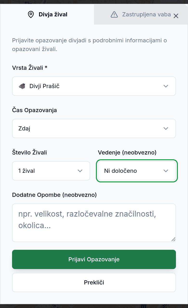 Prijava opažanja z vrsto živali in smerjo