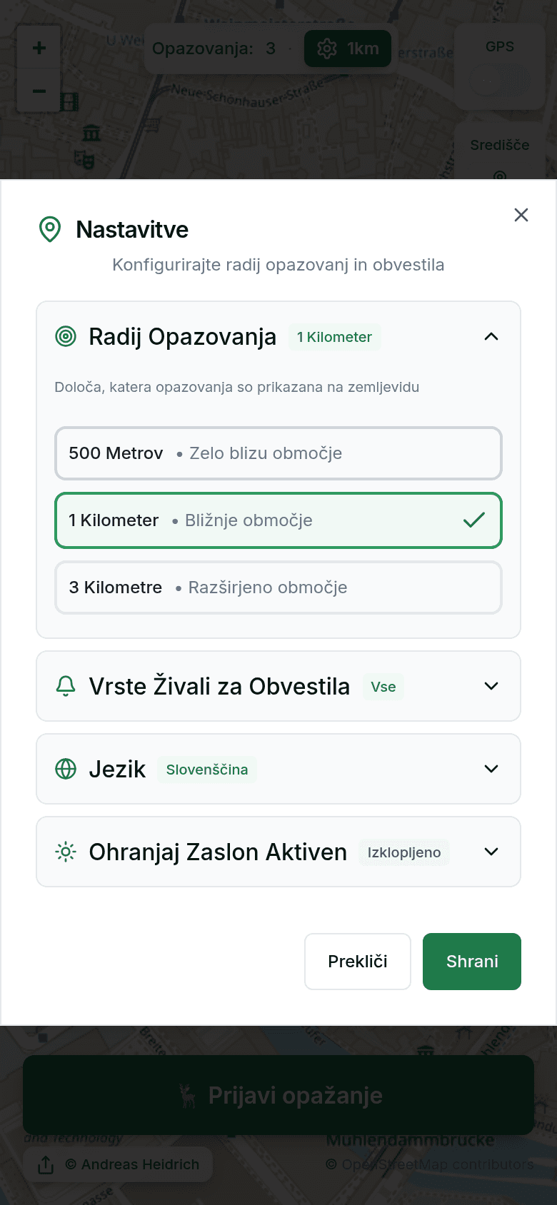Nastavitve z radijem opažanja in obvestili