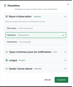 Types d'animaux pour les notifications