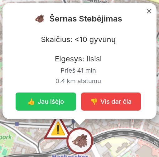 Iššokantis langas su stebėjimo informacija