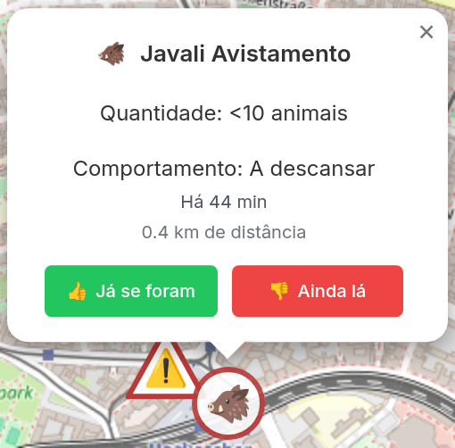 Popup com detalhes do avistamento
