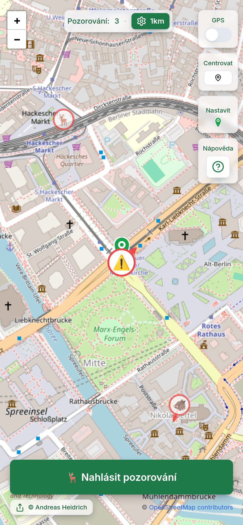 Interaktivní mapa s pozorováními divokých zvířat