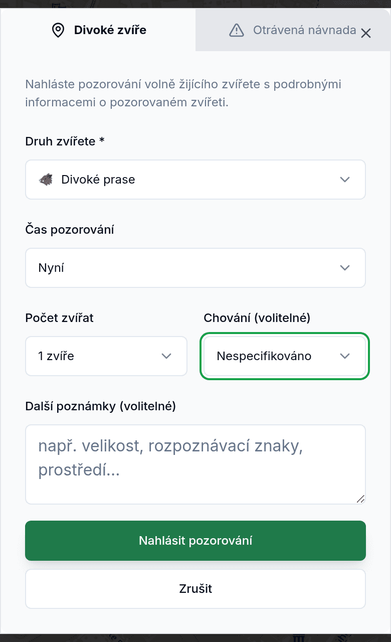 Nahlášení pozorování s druhem zvířete a směrem