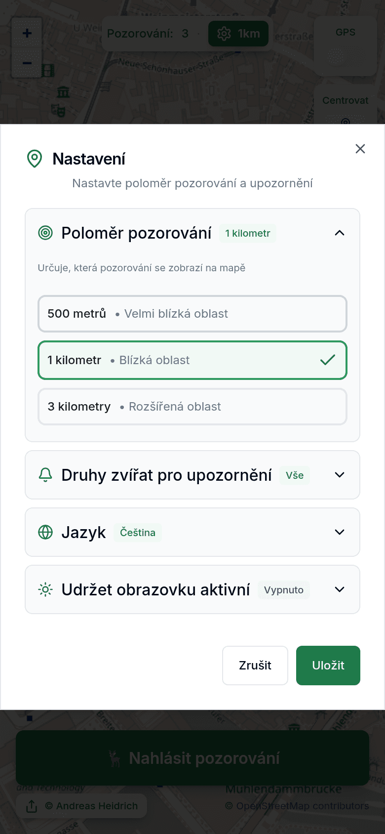 Nastavení s poloměrem pozorování a notifikacemi