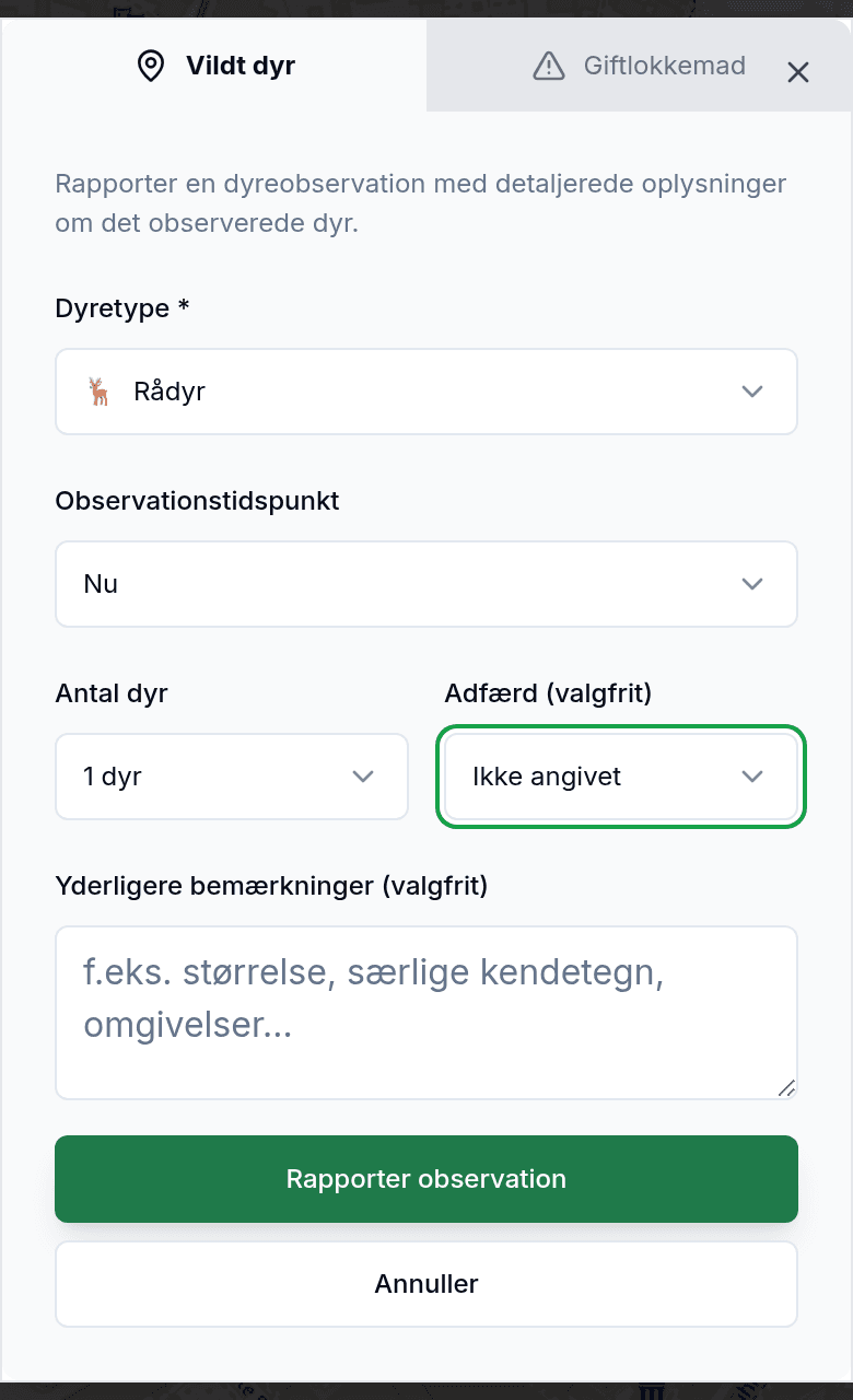 Rapportér observation med dyreart og retning