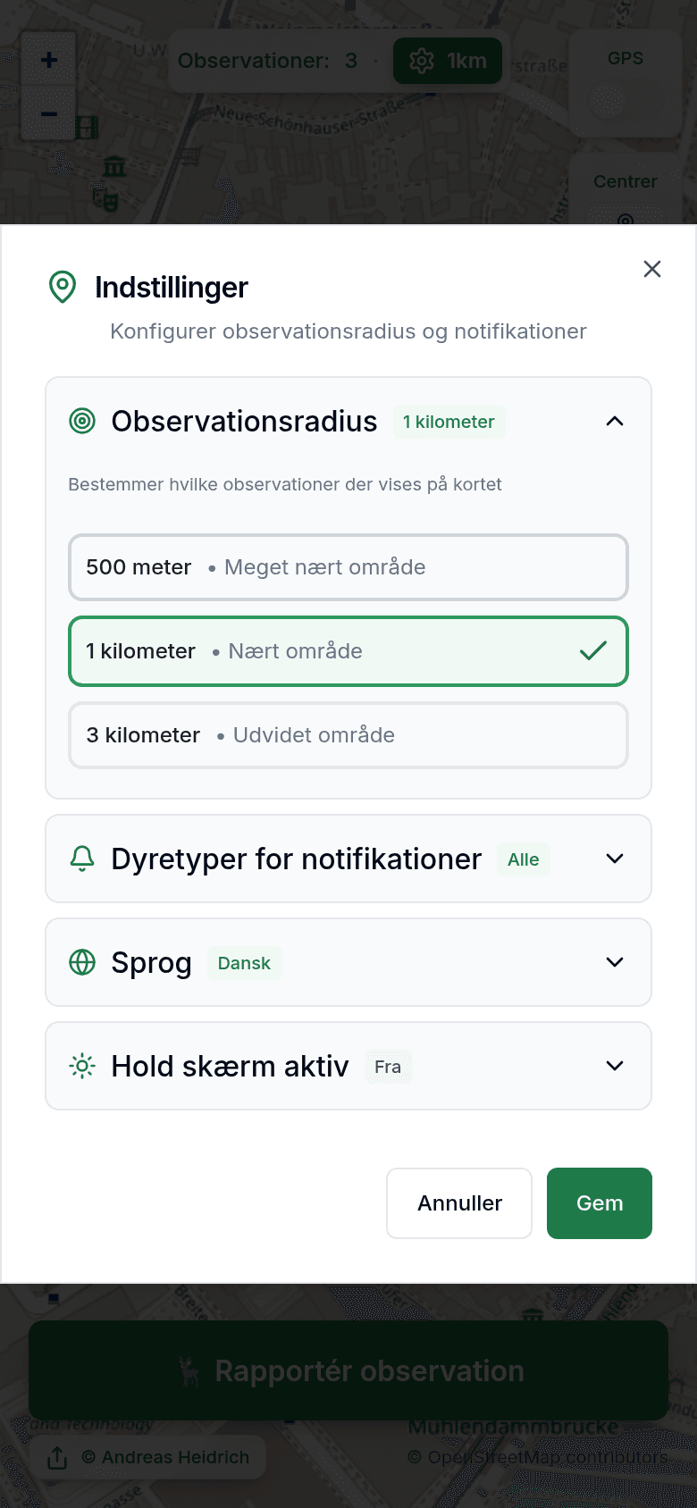 Indstillinger med observationsradius og notifikationer