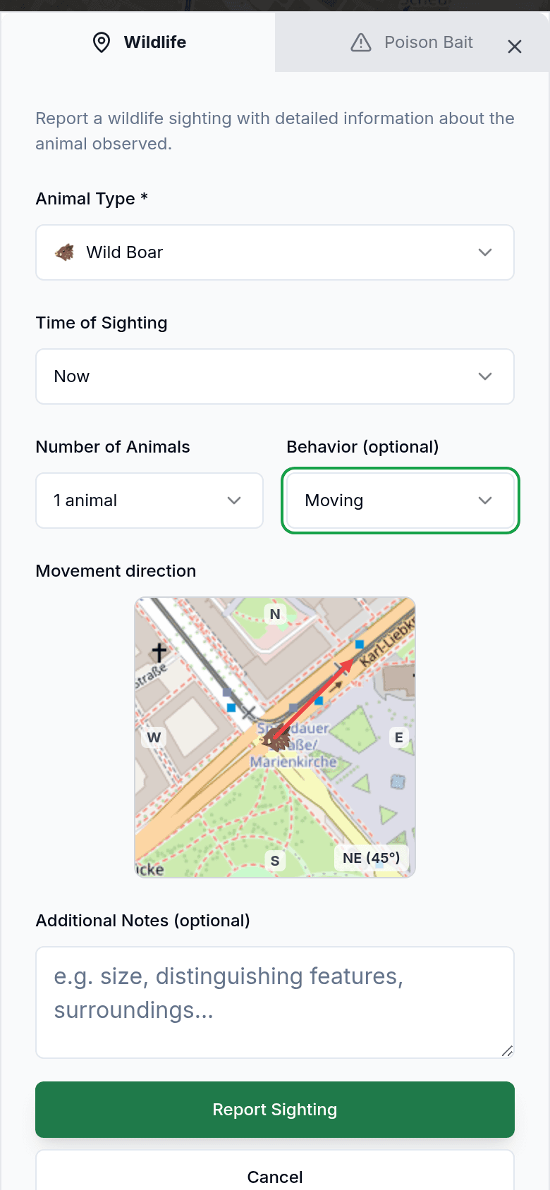 Report a sighting with animal type and direction