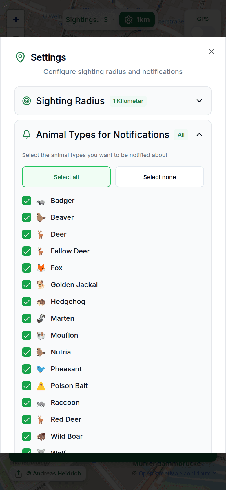 Settings with sighting radius and notifications
