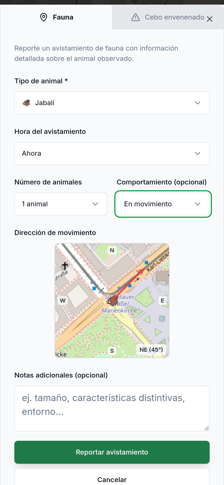 Reportar avistamiento con tipo de animal y dirección