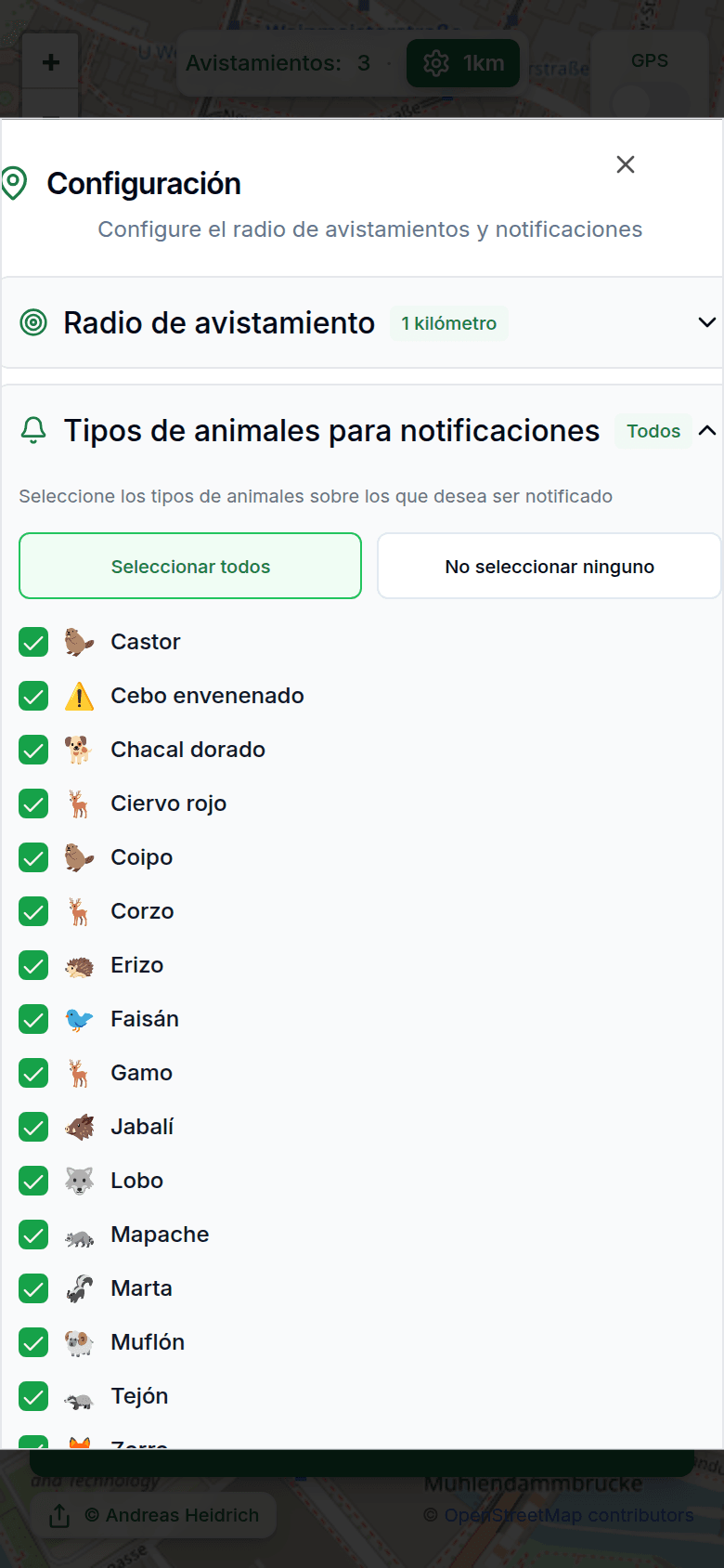 Ajustes con radio de avistamiento y notificaciones