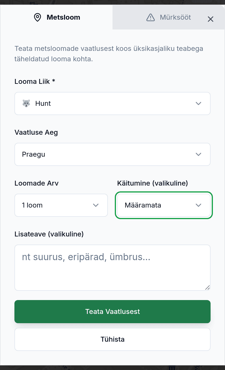 Teata vaatlusest loomaliigi ja suunaga