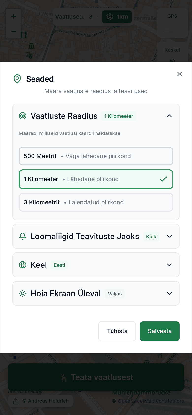Seaded vaatlusraadiuse ja teavitustega