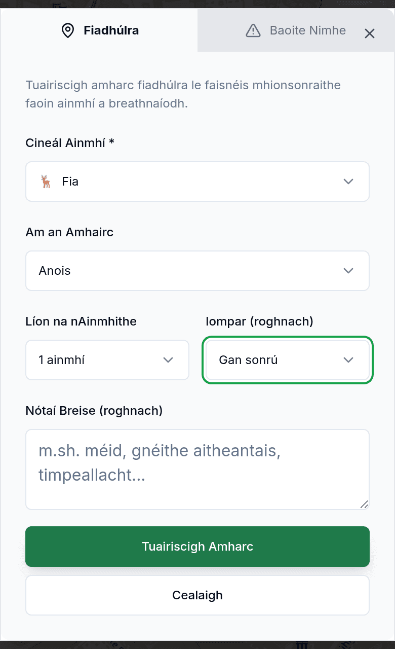 Tuairisc amhairc le cineál ainmhí agus treo