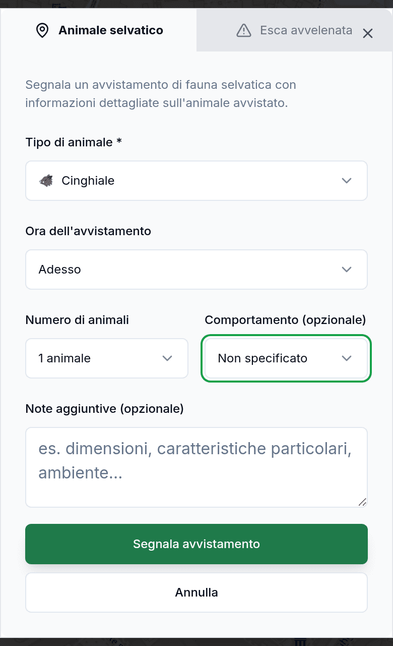 Segnala un avvistamento con tipo di animale e direzione