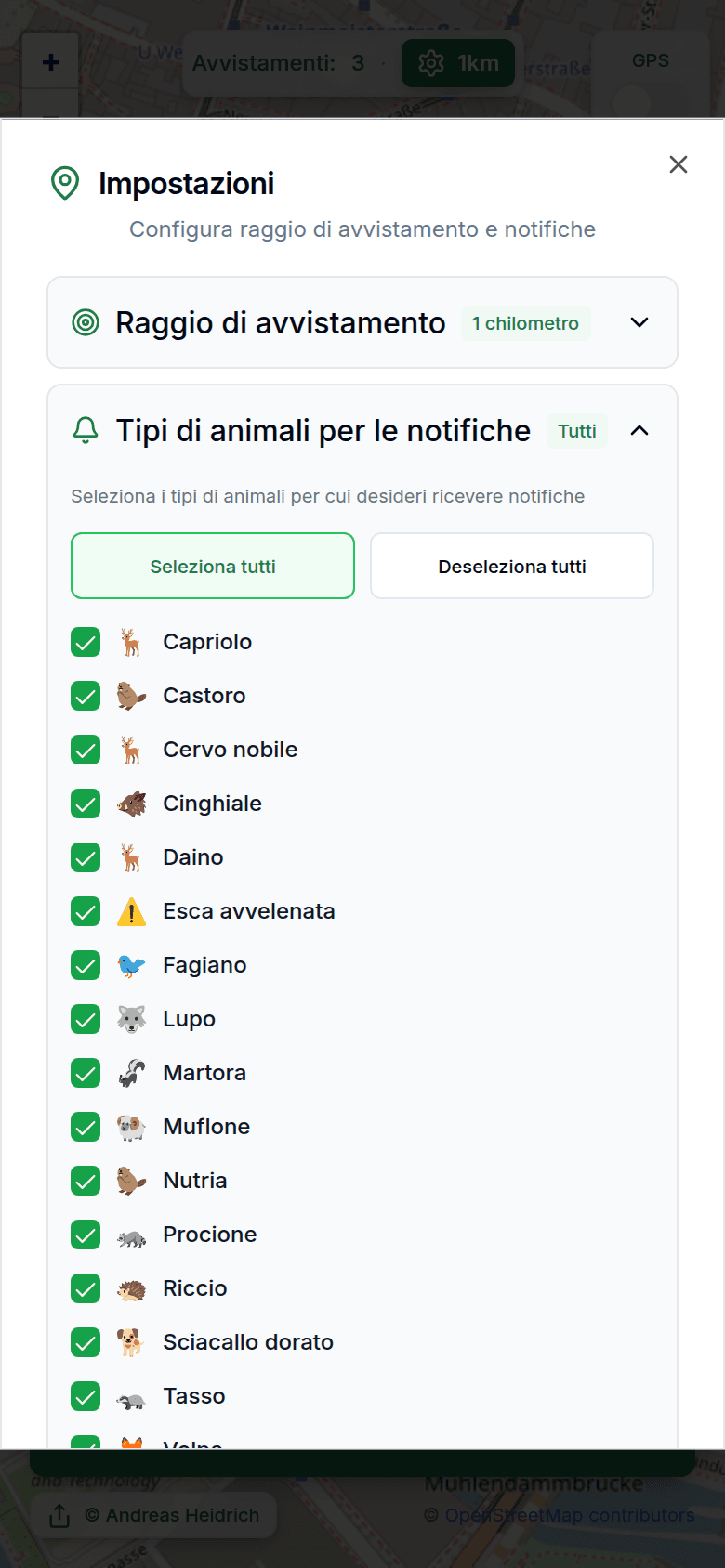 Impostazioni con raggio di avvistamento e notifiche