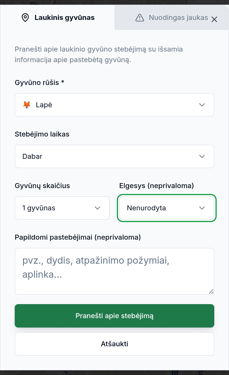 Pranešti apie stebėjimą nurodant gyvūno rūšį ir kryptį