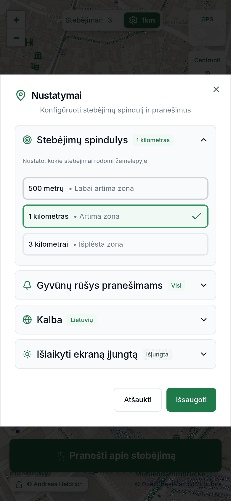 Nustatymai su stebėjimo spinduliu ir pranešimais