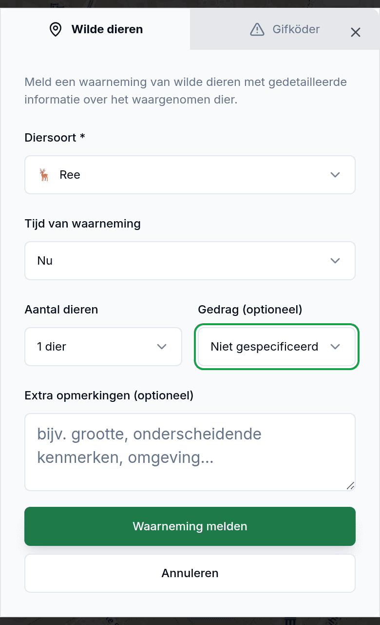 Waarneming melden met diersoort en richting