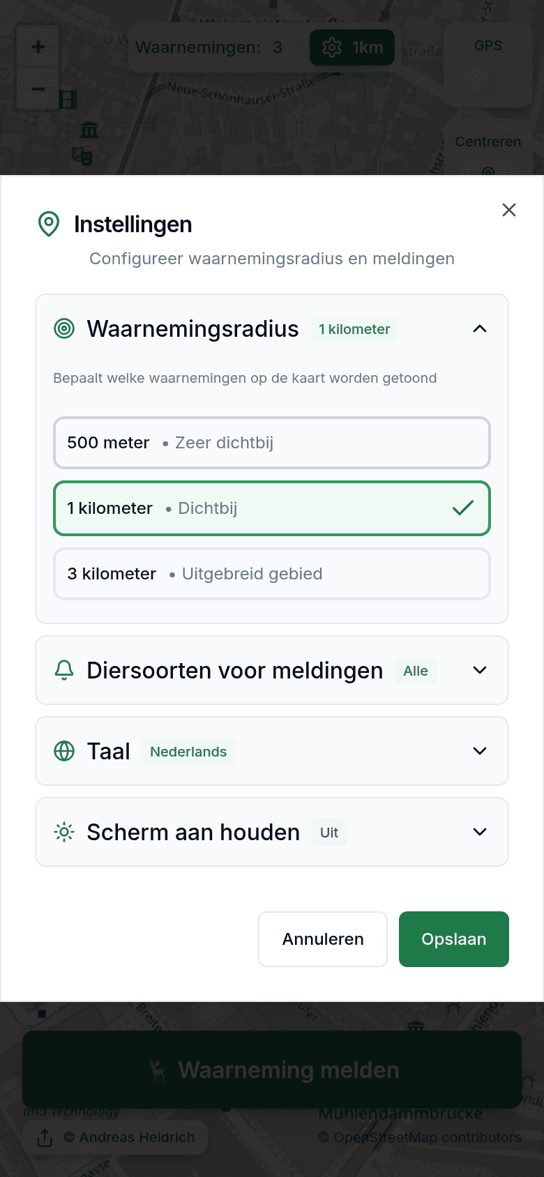 Instellingen met waarnemingsradius en meldingen