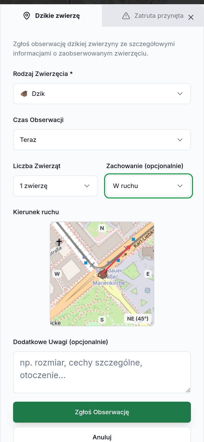 Zgłoś obserwację z gatunkiem i kierunkiem