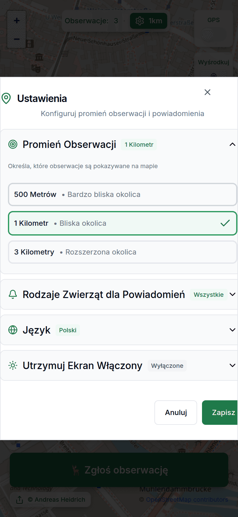 Ustawienia z promieniem obserwacji i powiadomieniami