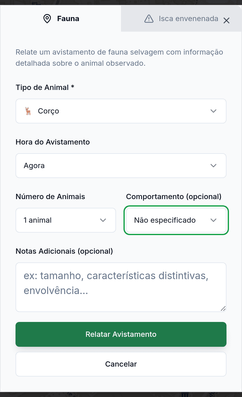 Reportar avistamento com tipo de animal e direção