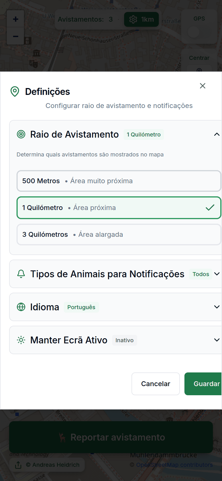 Definições com raio de avistamento e notificações