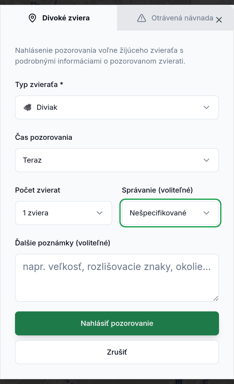 Nahlásenie pozorovania s druhom zvieraťa a smerom