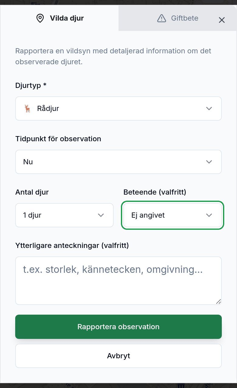Rapportera observation med djurart och riktning