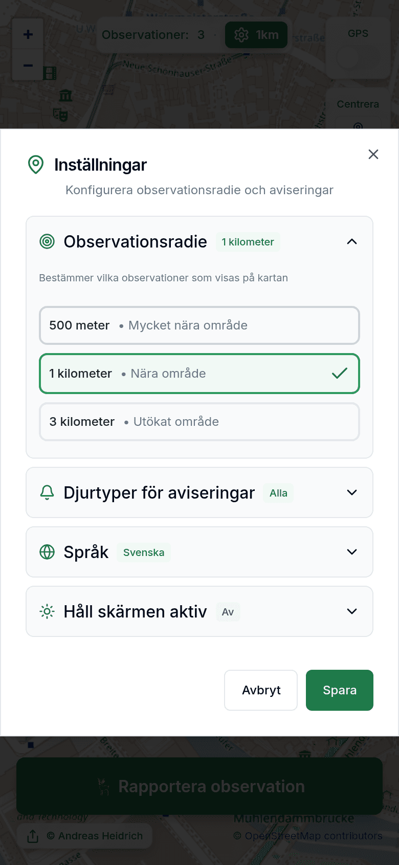 Inställningar med observationsradie och notiser