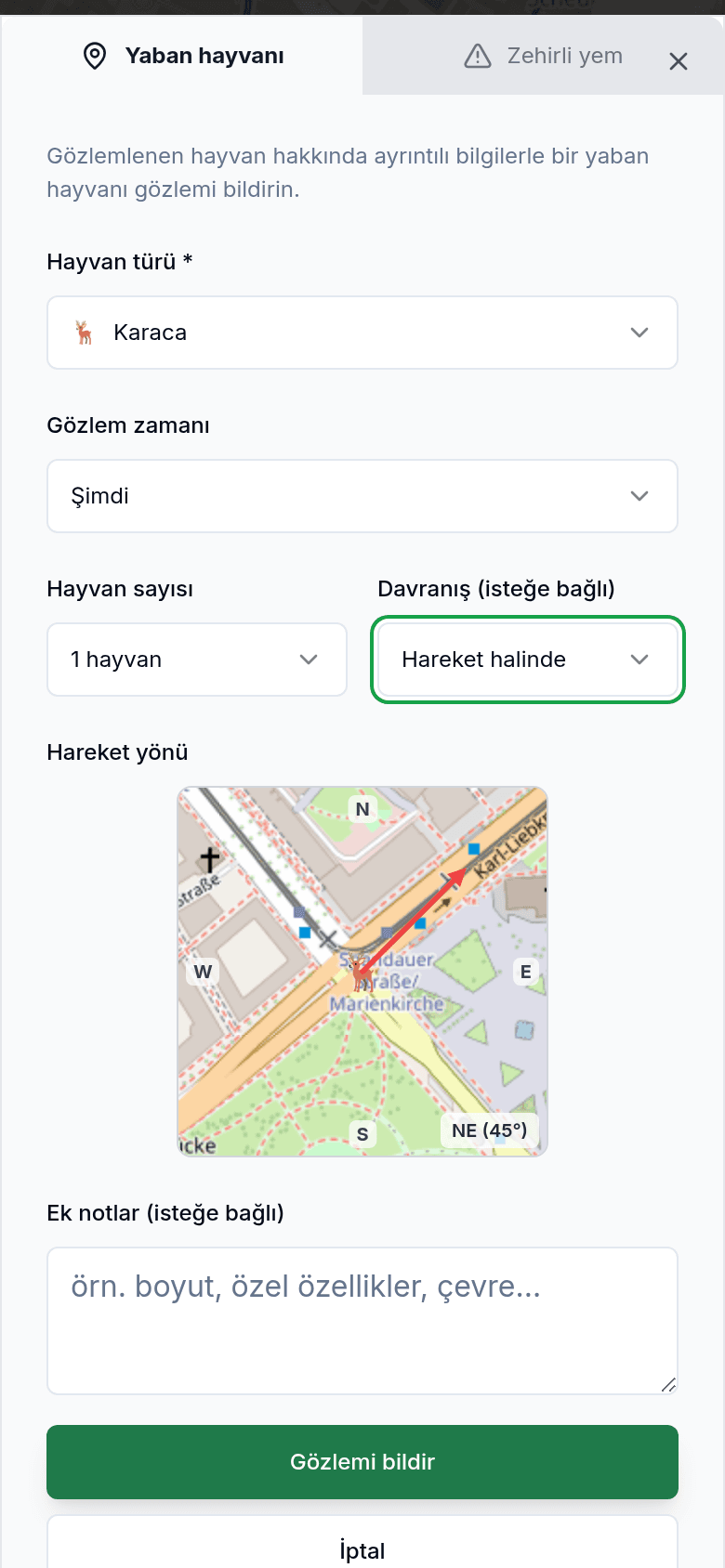 Hayvan türü ve yönüyle gözlem bildirimi