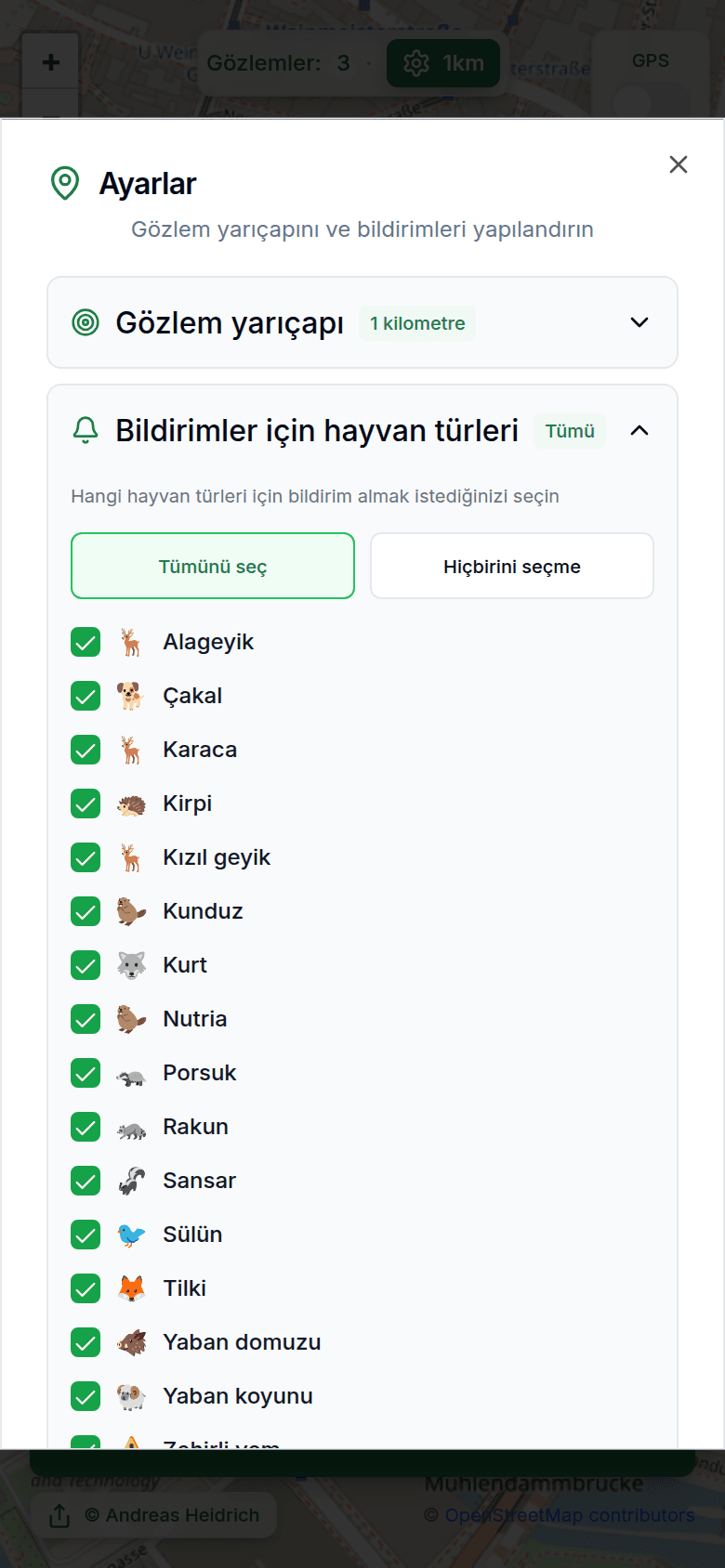 Gözlem yarıçapı ve bildirim ayarları